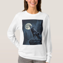 Camiseta Lobo Solitário Uivando para a Lua Arte Florestal N