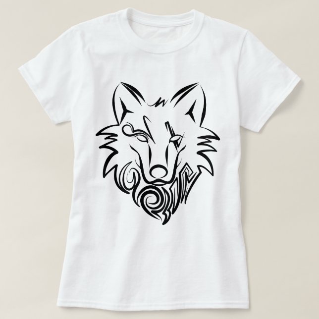 Camiseta Lobo Tribal Negro e Branco (Frente do Design)