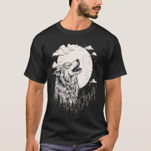 Camiseta Lobo Uivando Lua Floresta Retro Natureza Acampador