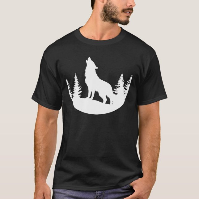 Camiseta Lobo Uivando no Design de Silhueta da Floresta Pre (Frente)