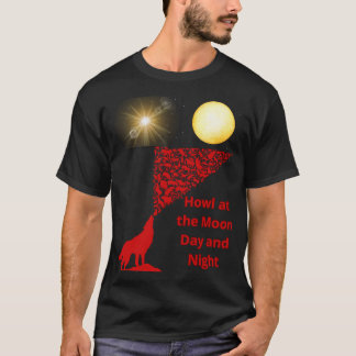 Camiseta lobo uivando no esboço da lua