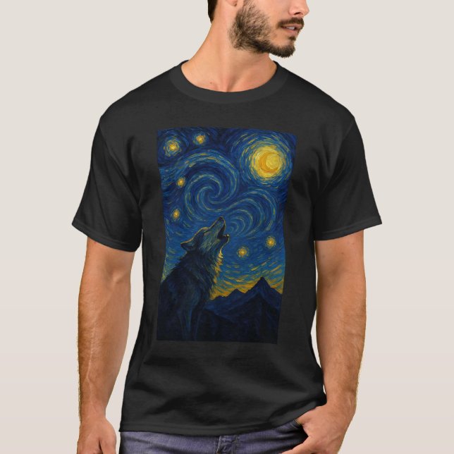 Camiseta Lobo Uivando Noite Estrelada – Arte no Estilo Van  (Frente)