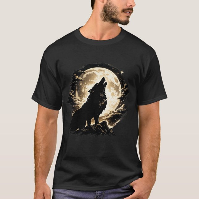 Camiseta Lobo Uivando Sob a Lua Cheia Desenho Místico da Na (Frente)