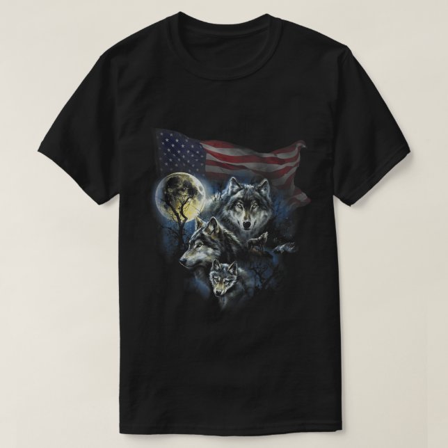 Camiseta Lobos dos Homens de Montanha Olhando Bandeira Amer (Frente do Design)