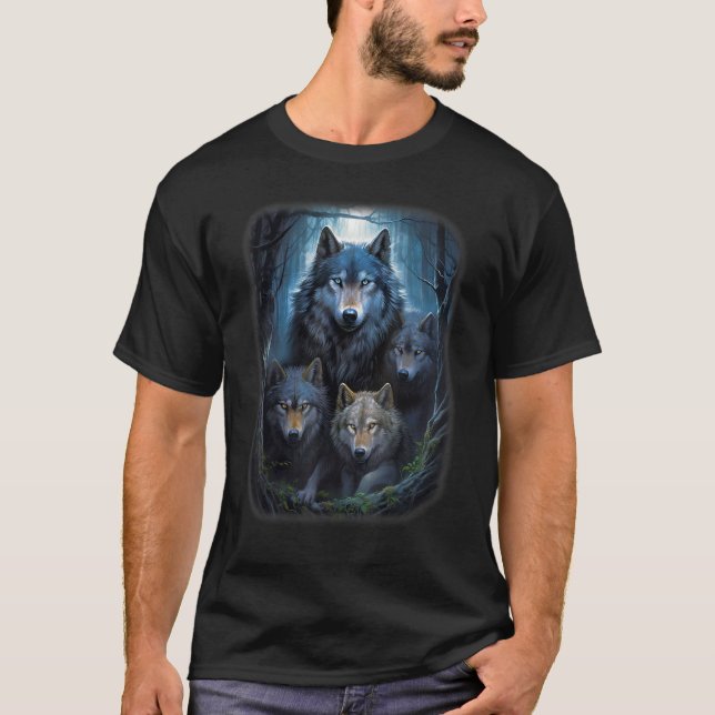 Camiseta Lobos na Floresta por Noite Lua Fantasia Art Wi (Frente)