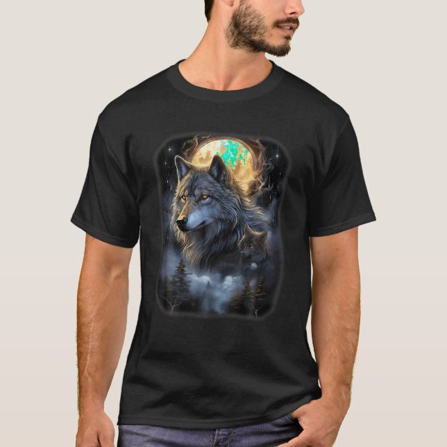 Camiseta Lobos na Floresta por Noite Lua Fantasia Art Wi (Frente)