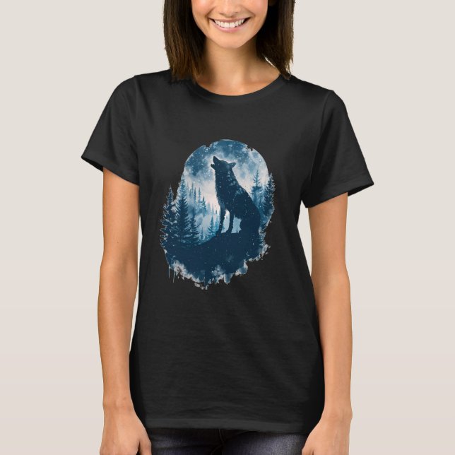 Camiseta Lobos uivando em frente à lua e lobo-da-floresta (Frente)
