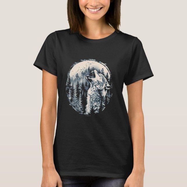 Camiseta Lobos uivando em frente à lua e lobo-da-floresta (Frente)