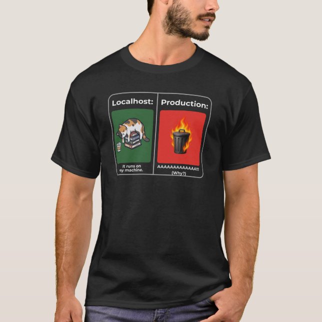 Camiseta Localhost vs Produção Inferno do Desenvolvedor T- (Frente)