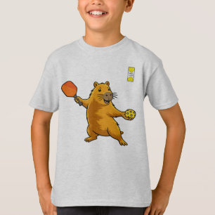 Camiseta logotipo da Friendly Pickleball e capivara com rem