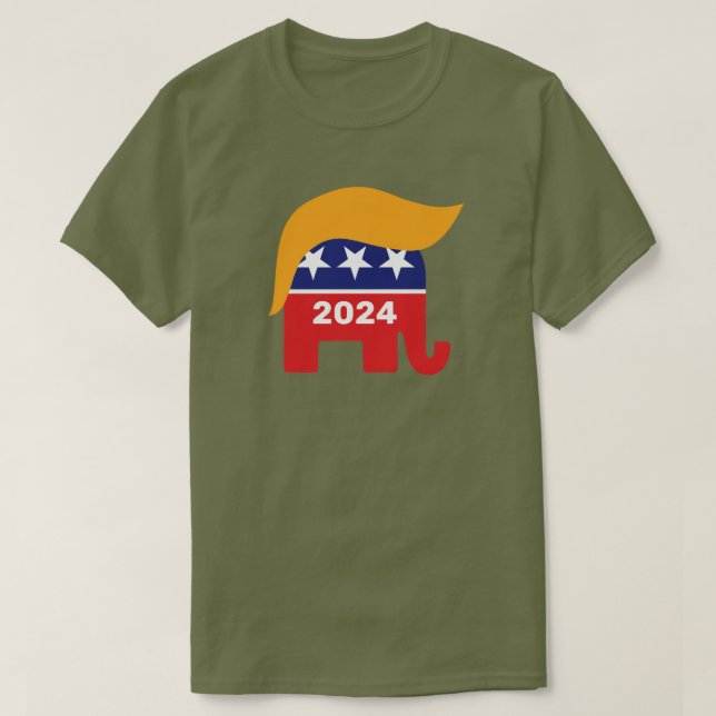Camiseta Logotipo de Cabelo Elefante Republicano Trump 2024 (Frente do Design)