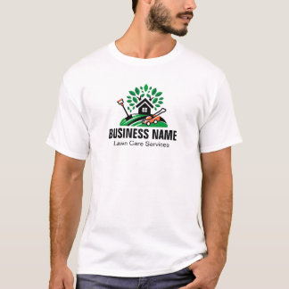 Camiseta Logotipo de Paisagem Verde Casa Árvore Cortador de