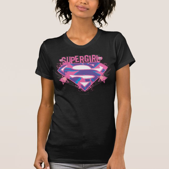 Camiseta Logotipo de Supergirl Pink e Purple Grunge (Frente)