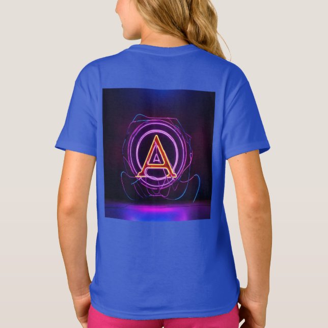 Camiseta Logotipo do mundo digital neon com a letra 'A' (Verso)