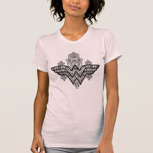 Camiseta Logotipo Espiritual Paisley Hamsa da Mulher Maravi (Frente)