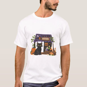 Camiseta Loja de Poções de Gato Preto Fofo de Halloween