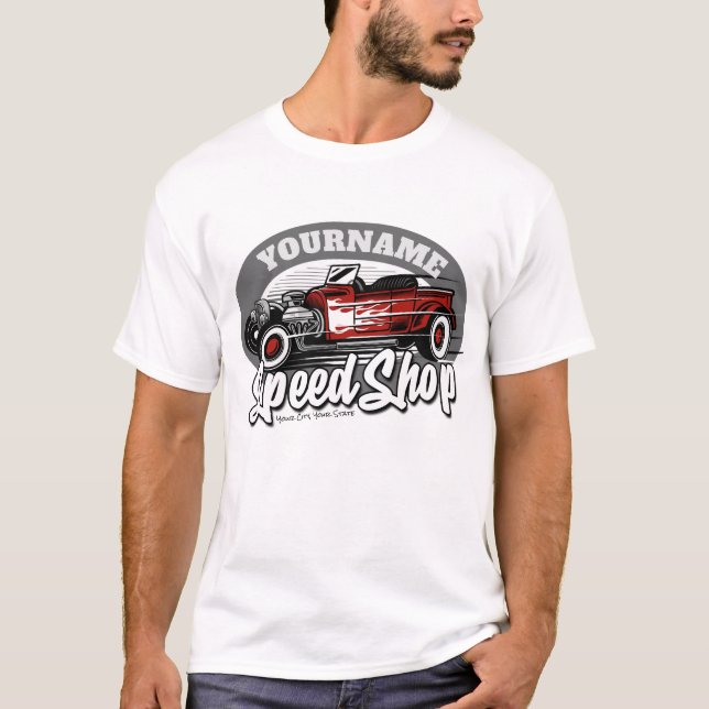 Camiseta Loja de Velocidade Rockabilly Roadster Personaliza (Frente)