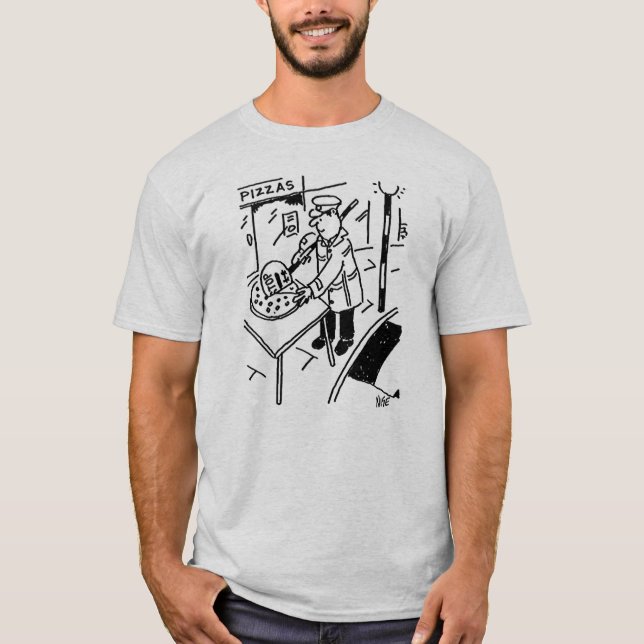 Camiseta Lollipop Man fatia uma pizza usando seu pirulito (Frente)