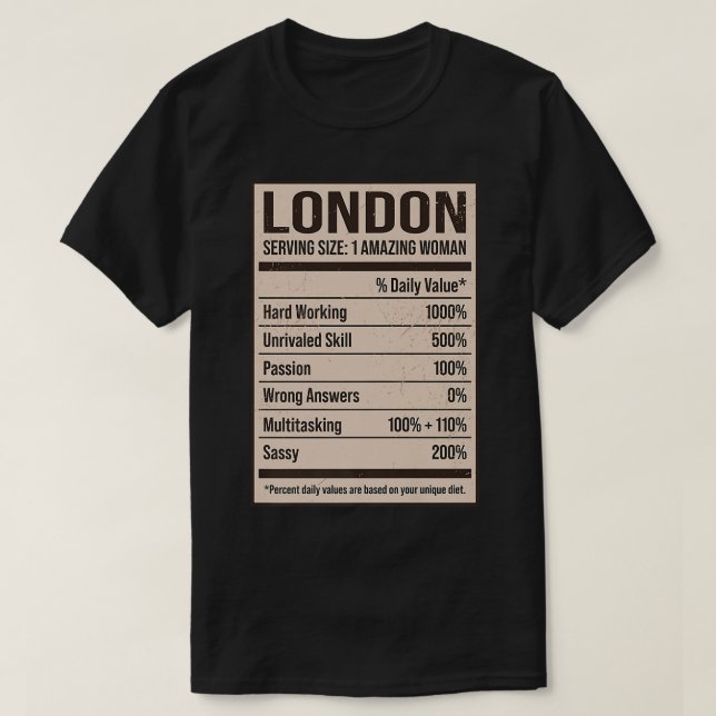 Camiseta London Nutrition Facts Name Nickname Alias Title F (Frente do Design)