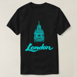 Camiseta Londres Neon Ciano Big Ben Esboço Moderno Preto