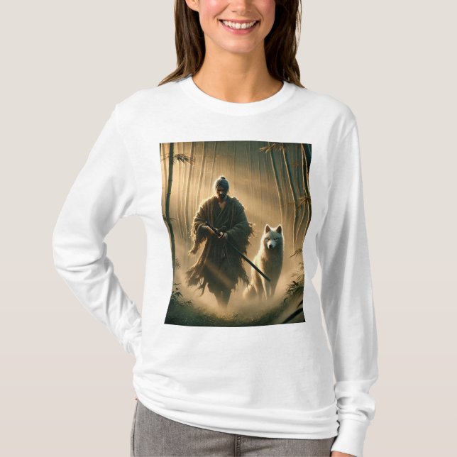 Camiseta Lone Samurai & White Wolf ⚔️ 🐺 - Epic Fantasy T-S (Frente)