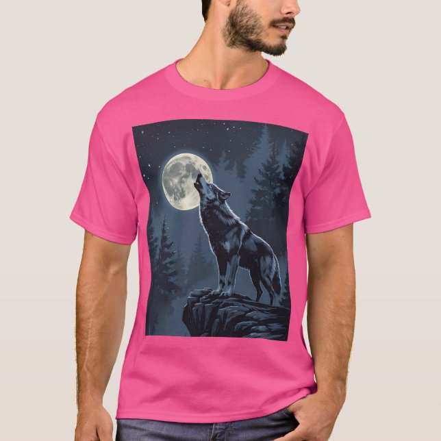 Camiseta Lone Wolf Howling at the Moon Night Forest Art (Frente)