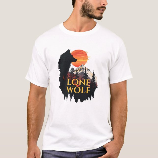 Camiseta Lone Wolf, Orange Sunset Silhouette Wolf Art (Frente)