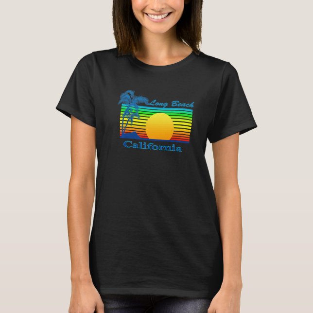 Camiseta Long Beach California Retro Tropical Beach Sunset (Frente)
