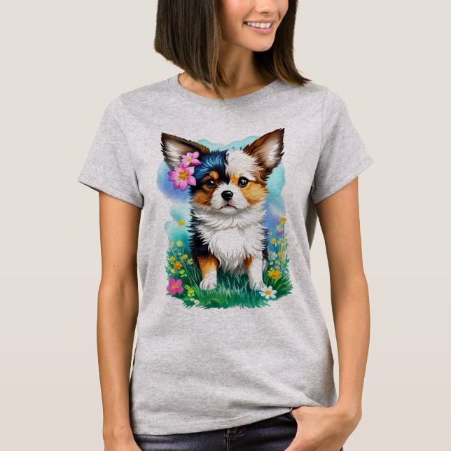 Camiseta Long Haired Chihuahua Floral Watercolor Garden  (Frente)