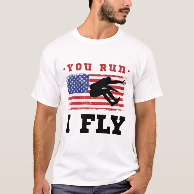 Camiseta Long Jump American Flag Você Corre Eu Voo (Frente)