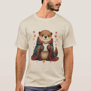 Camiseta Lontra com Caneca de Café em Cobertor Aconchegante