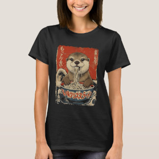 Camiseta Lontra Comendo Macarrão Ramen Ukiyo-e Fofo