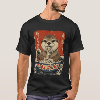 Camiseta Lontra Comendo Macarrão Ramen Ukiyo-e Fofo