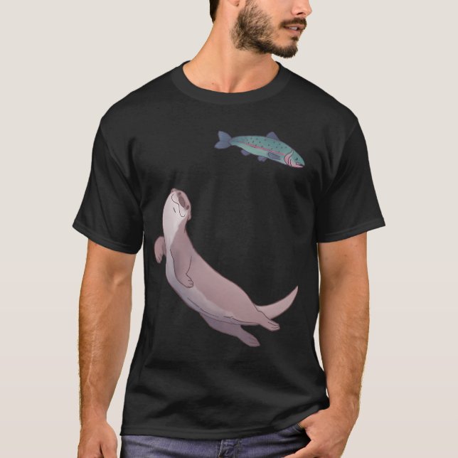 Camiseta Lontra de Rio Nadando e Design de Truta (Frente)