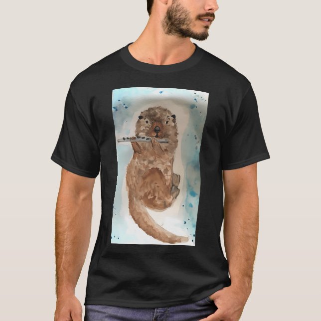 Camiseta Lontra em Aquarela Tocando a Flauta (Frente)