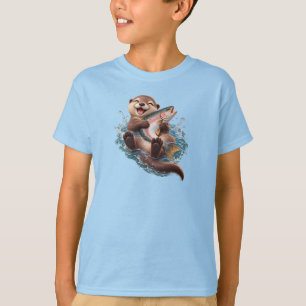 Camiseta Lontra Fofa Abraçando um Peixe Gigante – Lontra En