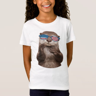 Camiseta lontra fofa com óculos de bandeira americana