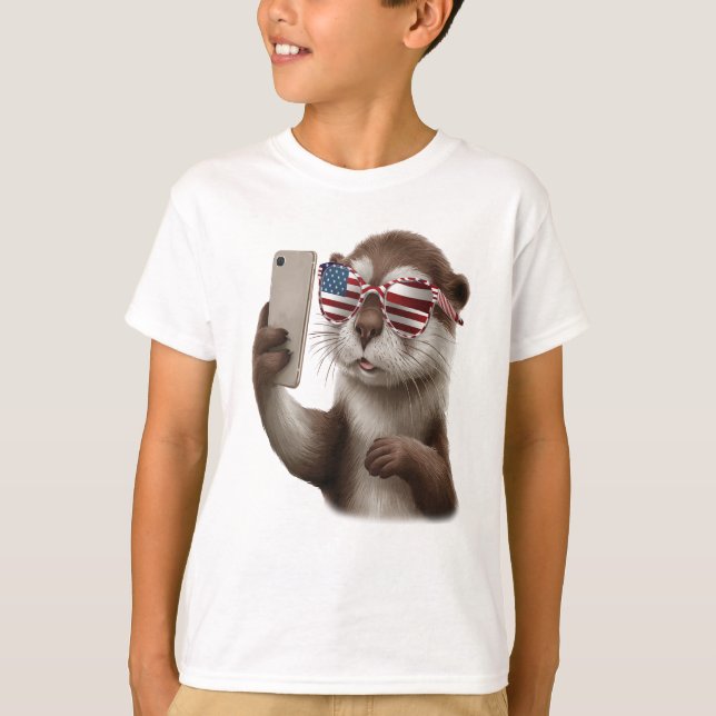 Camiseta lontra fofa com óculos de bandeira americana (Frente)