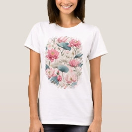 Camiseta Lotus Romântico em Rosa, Creme e Verde Suave