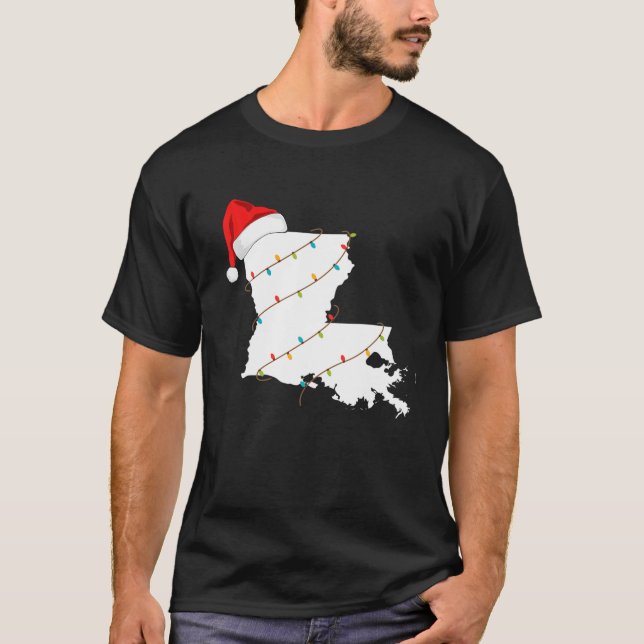 Camiseta Louisiana Mapa Natal Com Luzes De Natal De Santa H (Frente)