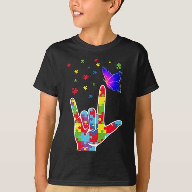 Camiseta Love ASL Sinal Language Quebra-cabeça Butterfly Au (Frente)