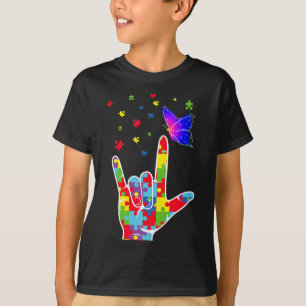 Camiseta Love ASL Sinal Language Quebra-cabeça Butterfly Au