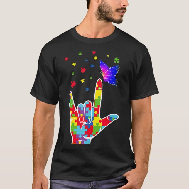 Camiseta Love ASL Sinal Language Quebra-cabeça Butterfly Au (Frente)