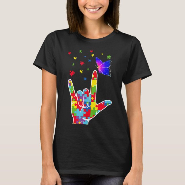 Camiseta Love ASL Sinal Language Quebra-cabeça Butterfly Au (Frente)