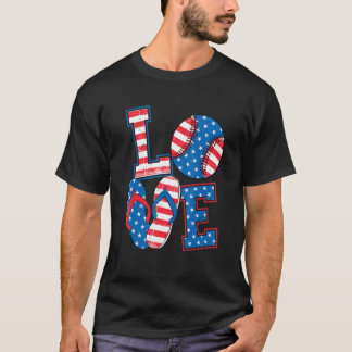 Camiseta Love Baseball Softball Chinelos Usa Flag 4th Of