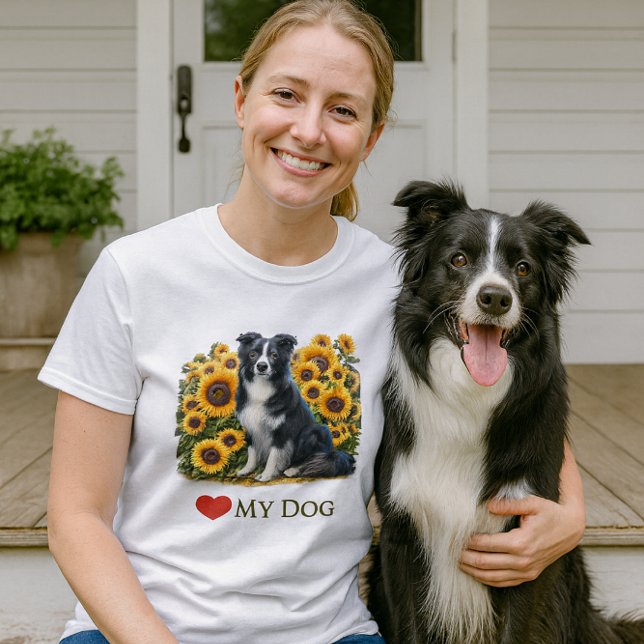 Camiseta Love Border Collie Dog T-Shirt (Mockup of woman and Border Collie wearing “❤️MY DOG” T-shirt on porch with sunflowers, mockup)