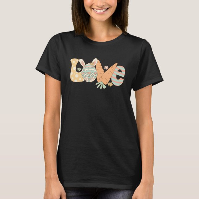 Camiseta Love Bunny Ears Hearts Flowers Retro Groovy Easter (Frente)