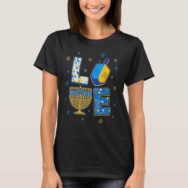 Camiseta Love Cute Hanukkah Decorations Dreidel Menorah Cha (Frente)