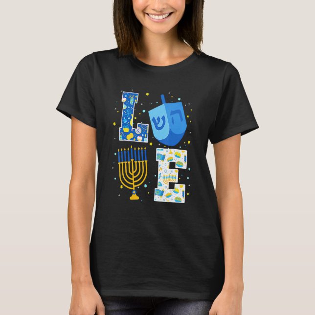 Camiseta LOVE Cute Hanukkah Decorations Dreidel Menorah Cha (Frente)