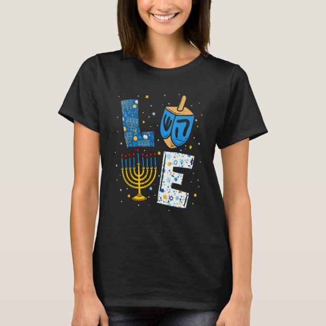 Camiseta LOVE Cute Hanukkah Decorations Dreidel Menorah Cha (Frente)